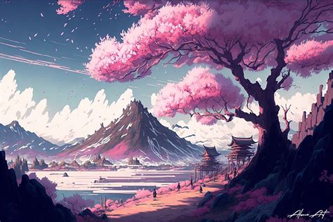 Cherry Blossom in Japan with Mountain Graphic by Alone Art · Creative ...