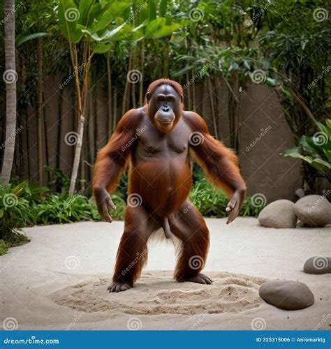 A Bald Orangutan Stands in a Peaceful Zen Garden with Raked Sand ...