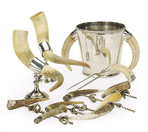 A GROUP OF BOAR TUSK, HORN AND SILVER PLATE-MOUNTED DRINKING WARES, , THE WINE COOLER MARKED P.H ...