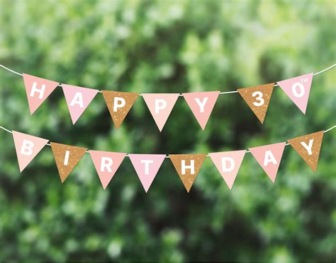 Happy 30th Birthday Banner, 30th Birthday Bunting, 30th Banner, Pink, Blush, Gold, DIY, Party ...