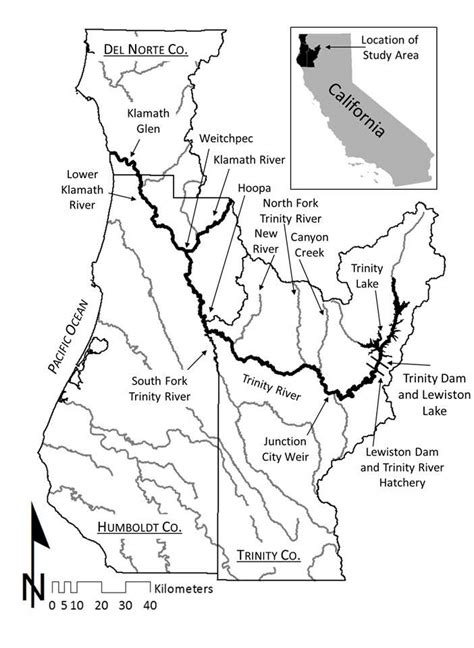 Map of the Klamath River, Trinity River, and other landmarks discussed ...