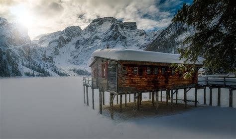 HD wallpaper: ice, snow, mountains, nature, winter, cabin, lake, frozen ...