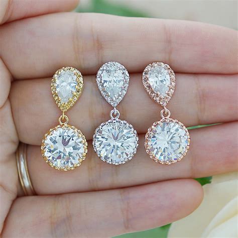 Bridal Earrings Round Cubic Zirconia Drop Earrings Dangle Earrings Wedding Jewelry Bridesmaid ...