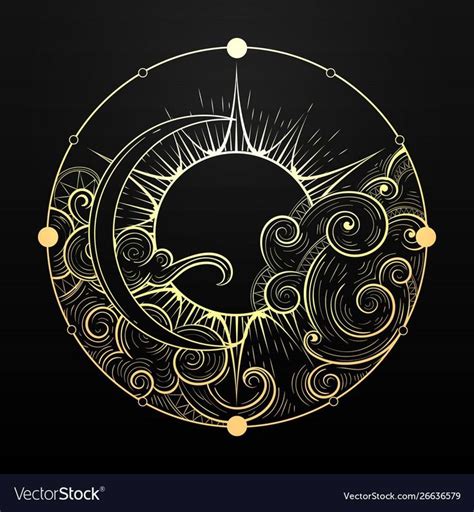 Hand drawn golden sun and moon with cloud Vector Image | Sun and moon ...