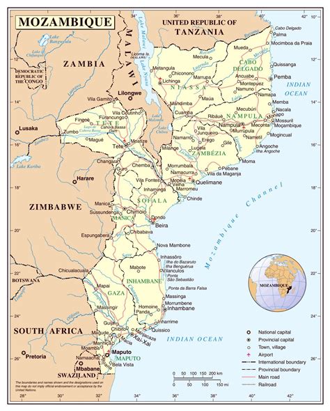 Large detailed political and administrative map of Mozambique with cities, roads, railroads and ...