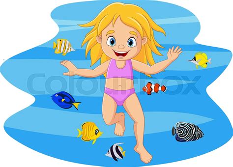 Cartoon little girl swimming in underwater with tropical fish | Stock vector | Colourbox