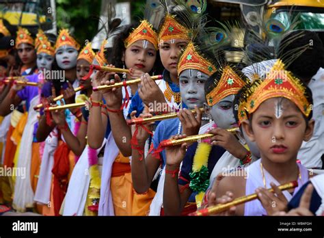 Janmashtami Festival. Morigaon, Assam, India. 24 August 2019. Little children dressed up as Lord ...