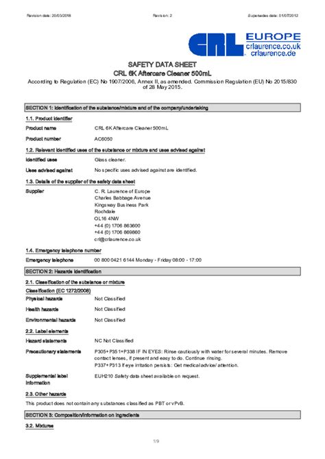 Crl Glass Cleaner Safety Data Sheet Pdf - Glass Designs