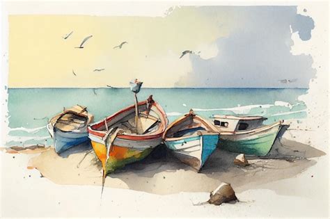 Premium Photo | A watercolor sketch of a group of boats on the beach