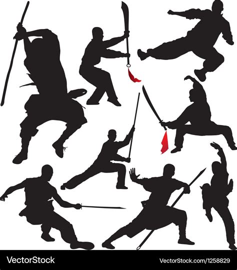 Kung fu shaolin martial arts fighter silhouettes Vector Image