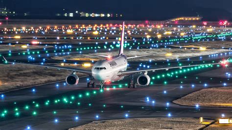 white airliner #night #lights #Japan the plane #runway Airbus A330-200 Kansai international ...