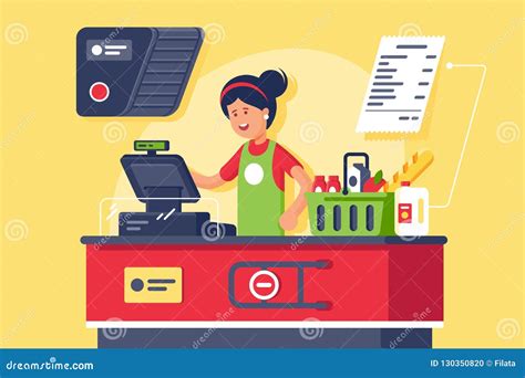 Young Smiling Woman Cashier at the Workplace in Supermarket, Shop ...