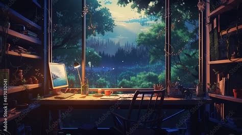 Colorful Lofi Empty Interior: Anime Manga Style with Jungle View, Cozy Chill Vibes, and Hip-Hop ...