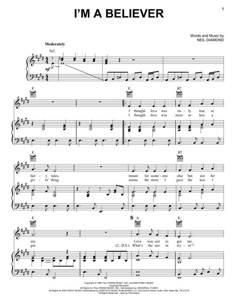 The Monkees "I'm A Believer" Sheet Music Notes | Download Printable PDF ...