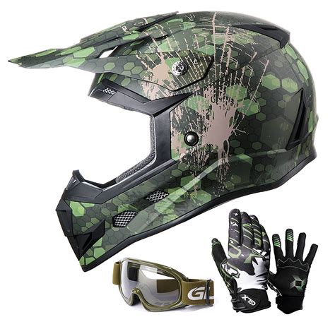 GLX Youth Kids Off Road Motocross ATV Dirt Bike Helmet Camouflage Green [DOT] +Gloves+Goggles (L ...