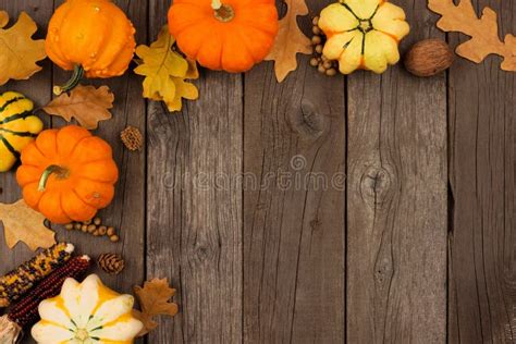 Autumn Corner Border of Pumpkins, Fall Vegetables and Decor Over Wood Stock Image - Image of ...