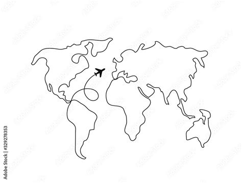 World map line art. Continuous line drawing. Airplane. Travel Stock ...