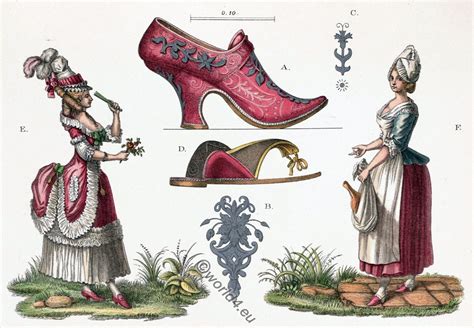 Shoe fashion with high heels and rococo costumes. 18th century.