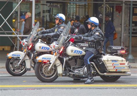 NYPD Officers on Motorcycles Providing Security in Manhattan Editorial ...