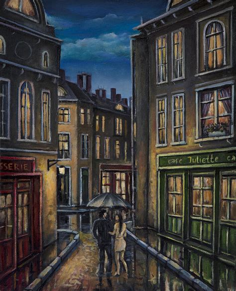 Paris Couple At Night Street Scene Painting by Radoslav Nedelchev