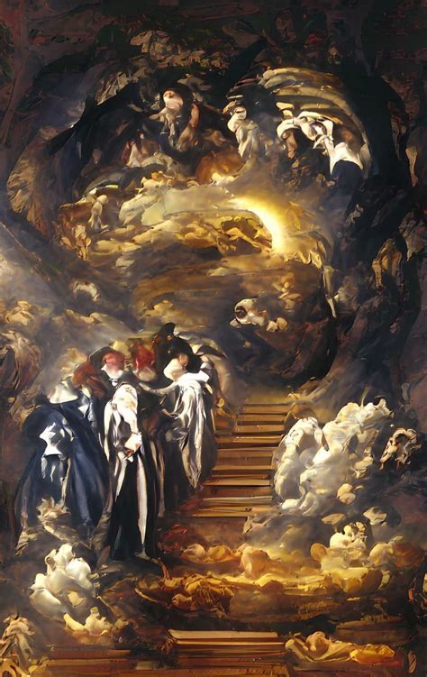 a painting with stairs leading up to the sky and two angels on top of it