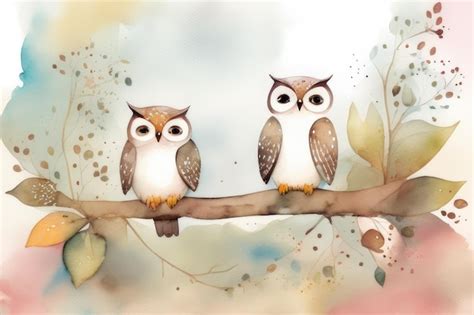 Premium Photo | A painting of two owls on a branch