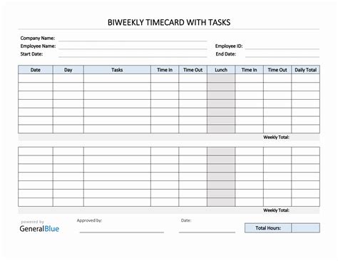 Biweekly Timecard With Tasks in PDF