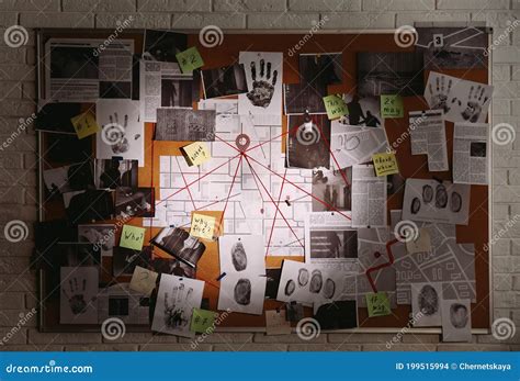 Detective Board With Crime Scene Photos, Stickers, Clues And Red Thread ...