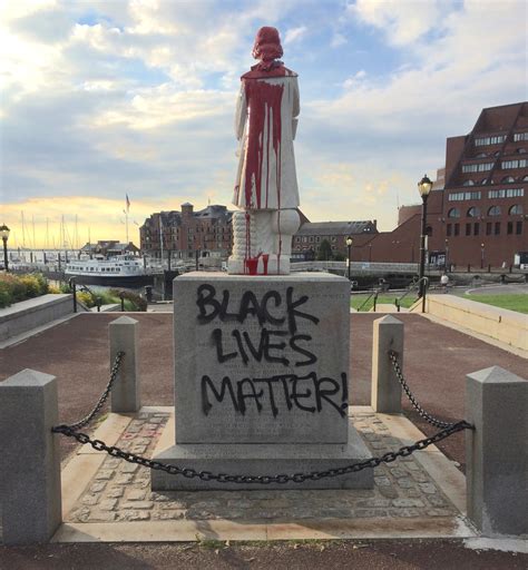 Columbus Statue Vandalized With Black Lives Matter Graffiti