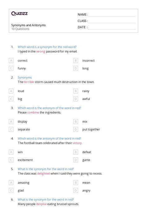 50+ Synonyms and Antonyms worksheets for 5th Grade on Quizizz | Free & Printable