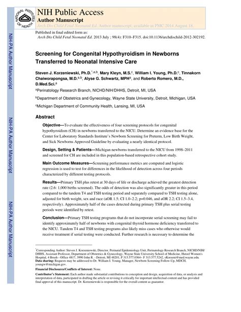 (PDF) Screening for Congenital Hypothyroidism in Newborns Transferred ...