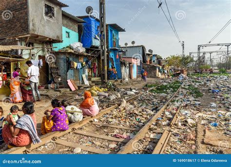 View Of Garbage Slums Poor Area Near Suburban Railway. Dharavi Slum At ...