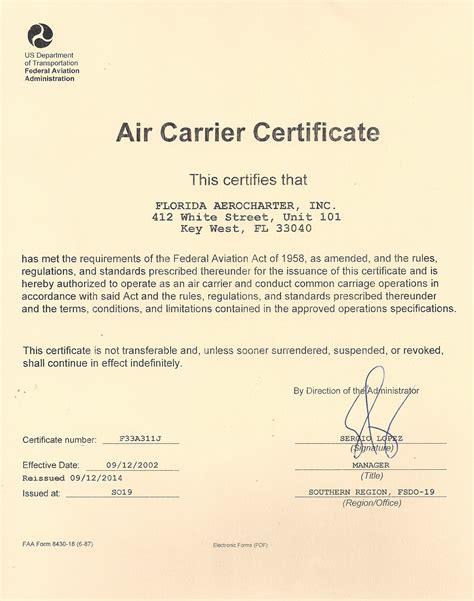 Air Carrier Certificate - Air Key West