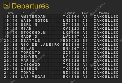 International airport departures board with all flights cancelled ...