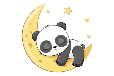 Baby Panda with Moon, Cute Animal Clipart, PNG, EPS