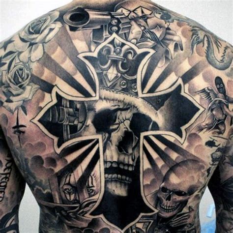 Large black ink back tattoo of human cross and king skeleton ...