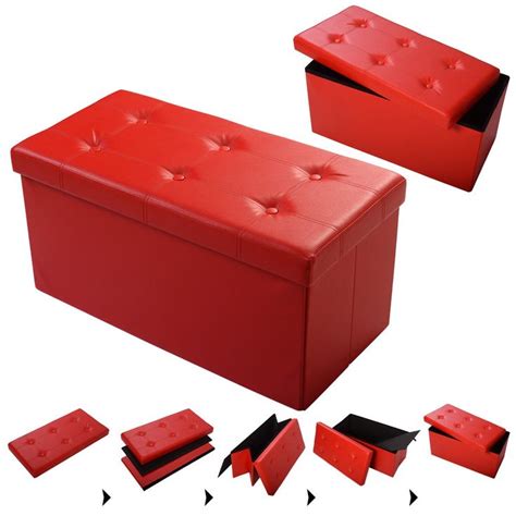 a red bench with matching footstools and other pieces in the shape of an ottoman
