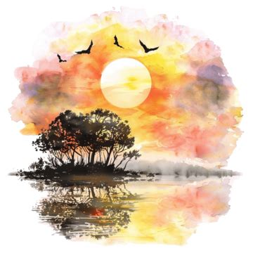 Sunset View Of Nature Landscape In Watercolor, Watercolor, Design ...