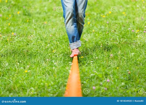 Slack Line in the City Park. Stock Photo - Image of barefooted ...