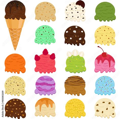 Cute Vector illustration set of ice cream scoop, many colorful flavors ...