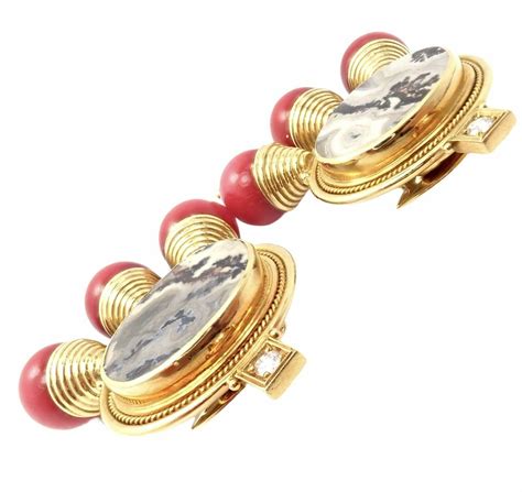 Elizabeth Gage Red Coral and White Agate Diamond Yellow Gold Earrings ...