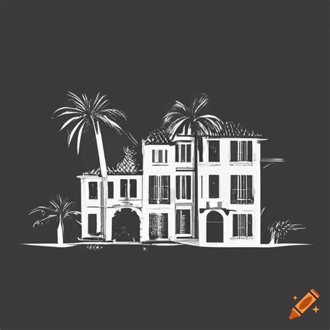 Minimalistic white outline of french riviera shore houses with palms on ...