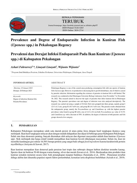 (PDF) Prevalence and Degree of Endoparasite Infection in Kuniran Fish (Upeneus spp.) in ...