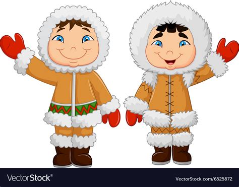 Cartoon happy eskimo kids waving hand Royalty Free Vector