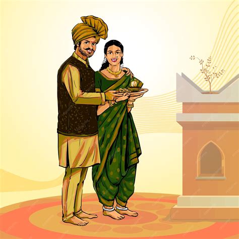 Premium Vector | Indian marathi couple wearing traditional clothes. diwali festival.