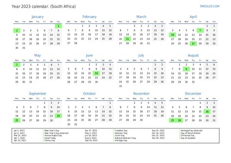 2023 printable calendar with south africa holidays free printable - 2023 yearly south africa ...