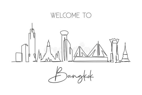 One Continuous Line Drawing of Bangkok City Skyline, Thailand. Beautiful Landmark Stock Vector ...