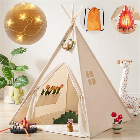 Kids-Teepee-Tent with Lights & Campfire Toy & Carry Case, Natural ...