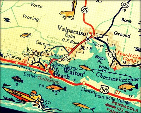 vintage map DESTIN Florida beach decor 1960s art print Ft Walton Beach 8x10 aqua red fish ...