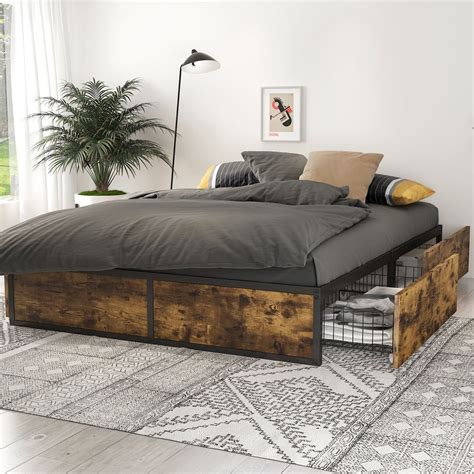 Industrial Metal Bed Frame with 4 Sliding XL Storage Drawers, Platform ...